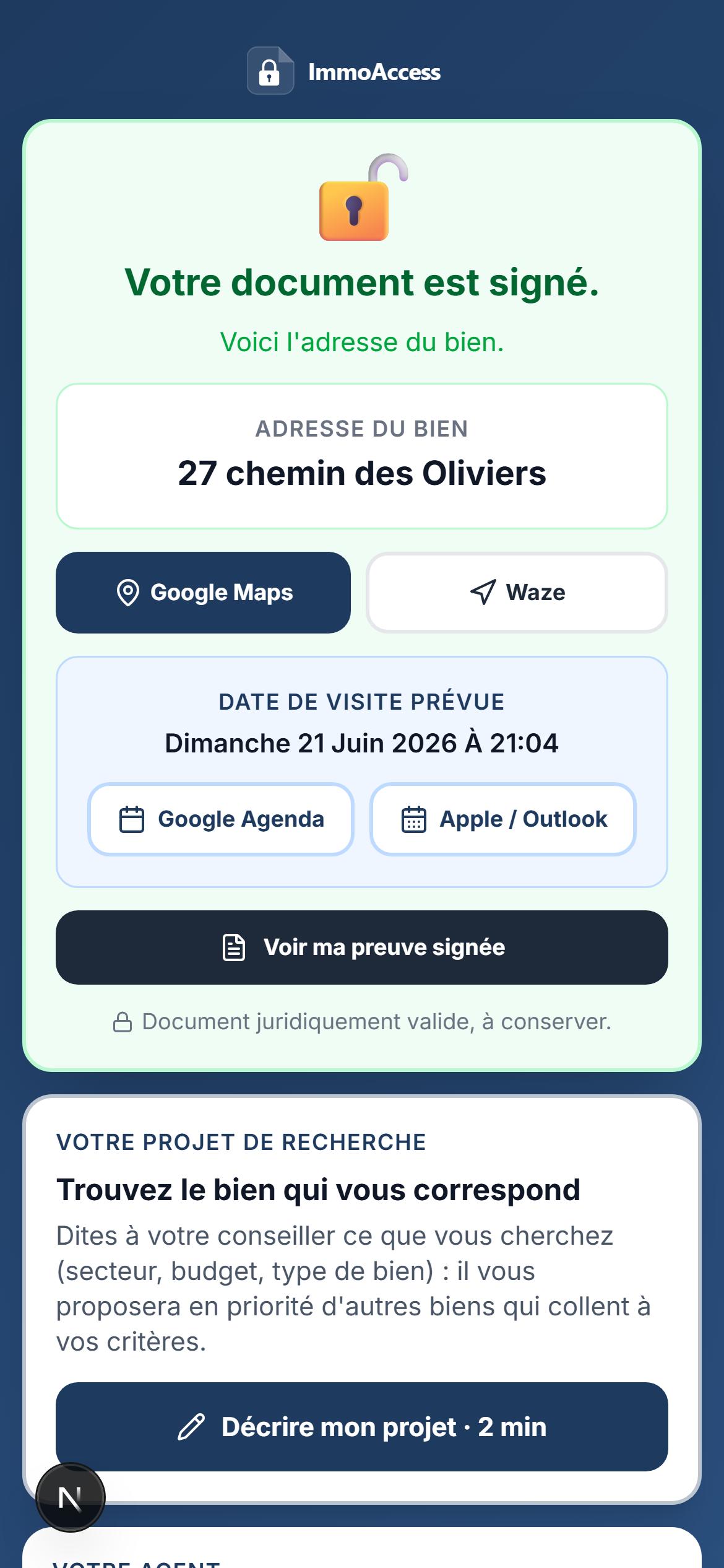 Adresse du bien révélée après signature