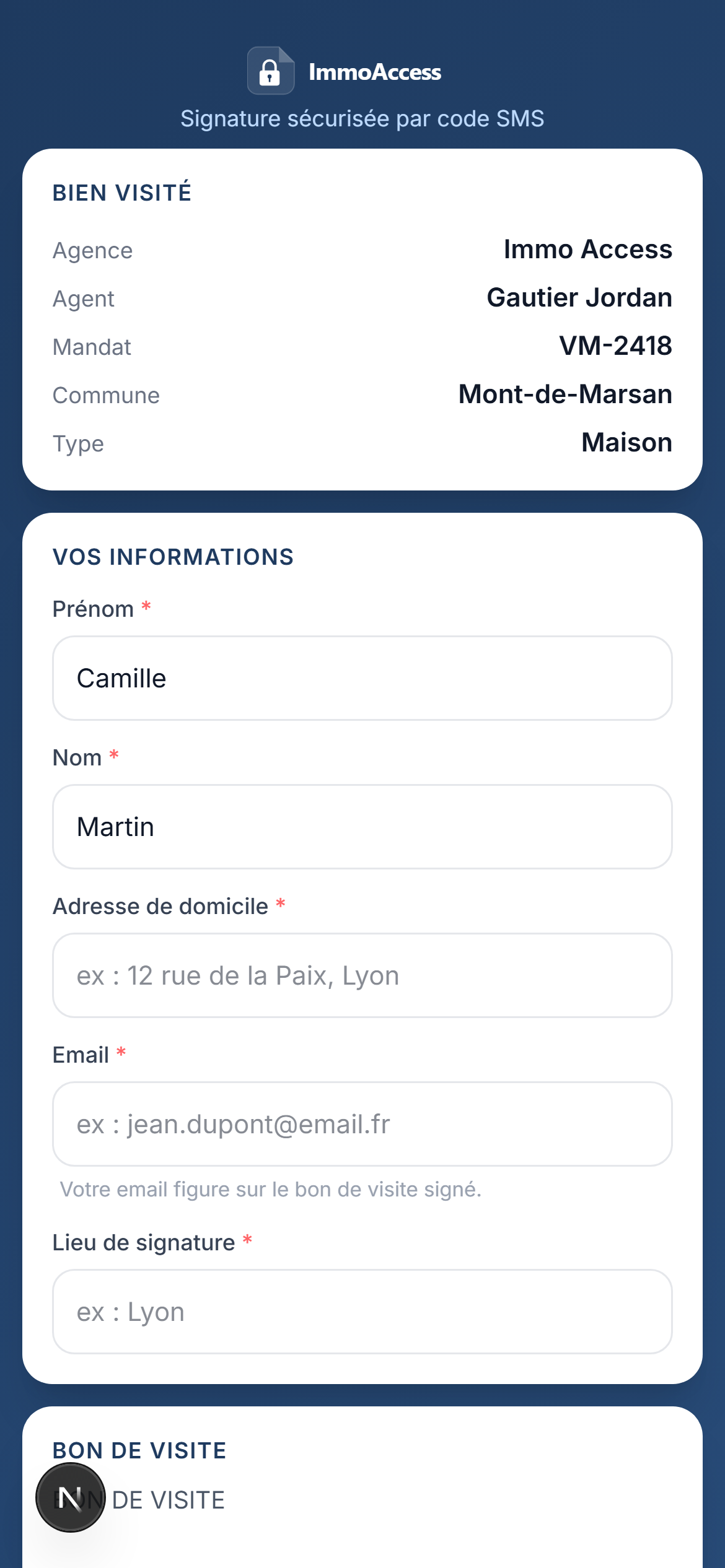 Bon de visite à signer sur le téléphone du prospect
